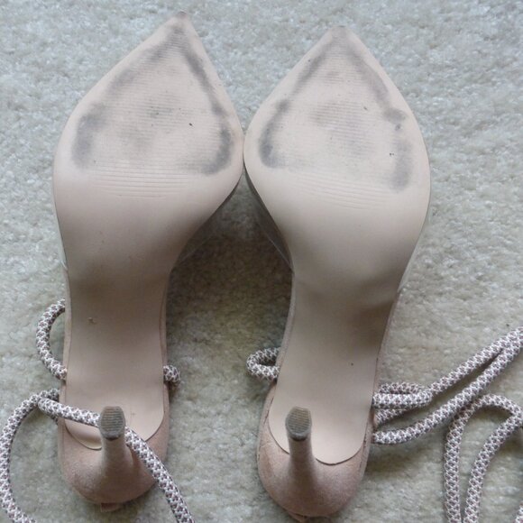 STEVE MADDEN clear vinyl & nude faux suede pointy toe heels with long ties - Picture 7 of 10